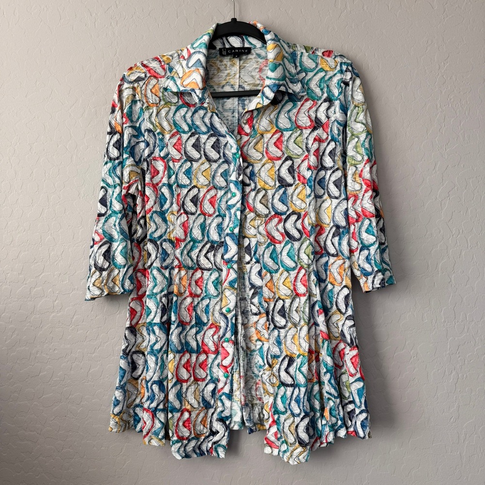 Carine Small Button Up Top Multicolor Geometric Heart Print 3/4 Sleeve Flared